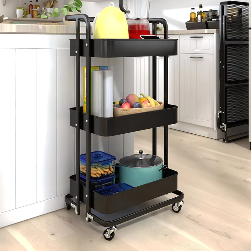 Household Items Heavy Duty Folding 3 Tier Metal Kitchen Rack Utility Trolley Storage Cart