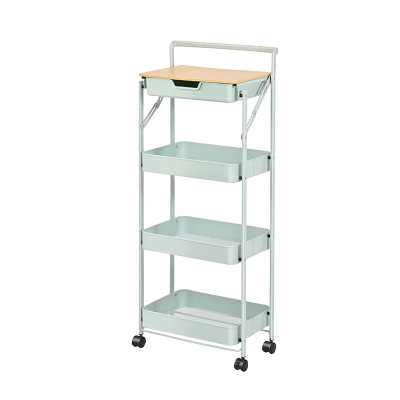 Household Multi scenario Storage Cart Metal Foldable 4 Tier Organizer Trolley With Drawer