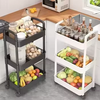 Household Plastic 3 Storey Kitchen Storage Rack Trolley Cart Organizer Kitchen Trolley Snack Rack with Wheels