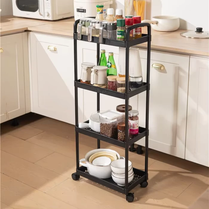Household Plastic Removable 4 Tier Modern Minimalist Storage Rack Roller Multi purpose Trolley for Kitchen Bathroom Living Room
