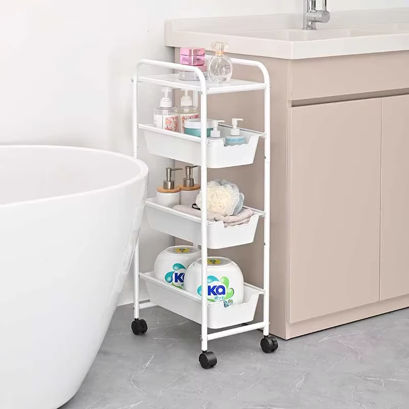 Household Removable Rotating Pull Out Gap Bathroom Storage Basket Cart Slim Organizer Trolley
