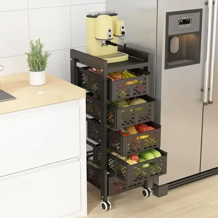 Household Removable Rotating Pull Out Gap Fruit Vegetable Storage Basket Cart Trolley