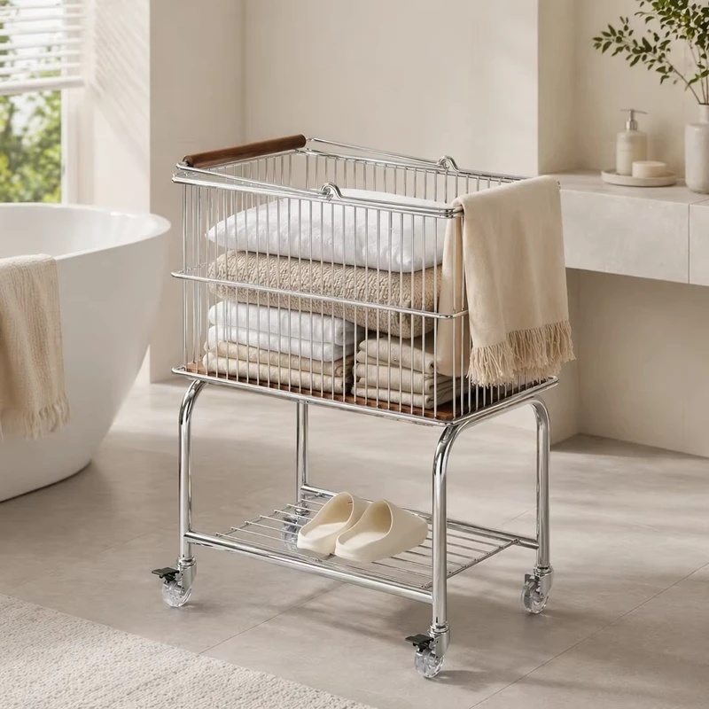 Household Rolling Heavy Duty Rolling Laundry Trolley Cart Stainless Steel Frame Wire Laundry Basket Storage for Bathroom Hotel