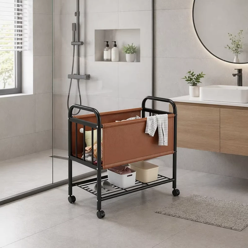 Household Space Saving Rolling Double Rustproof Metal Frame Movable Laundry Storage Trolley Clothes Storage Laundry Cart Hamper