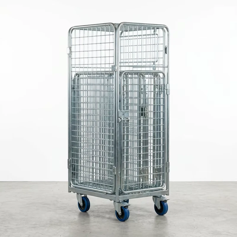 Industrial 3 Sided Folding Logistics Roll Container Transport Wire Mesh Trolley for Laundry and Retail Storage