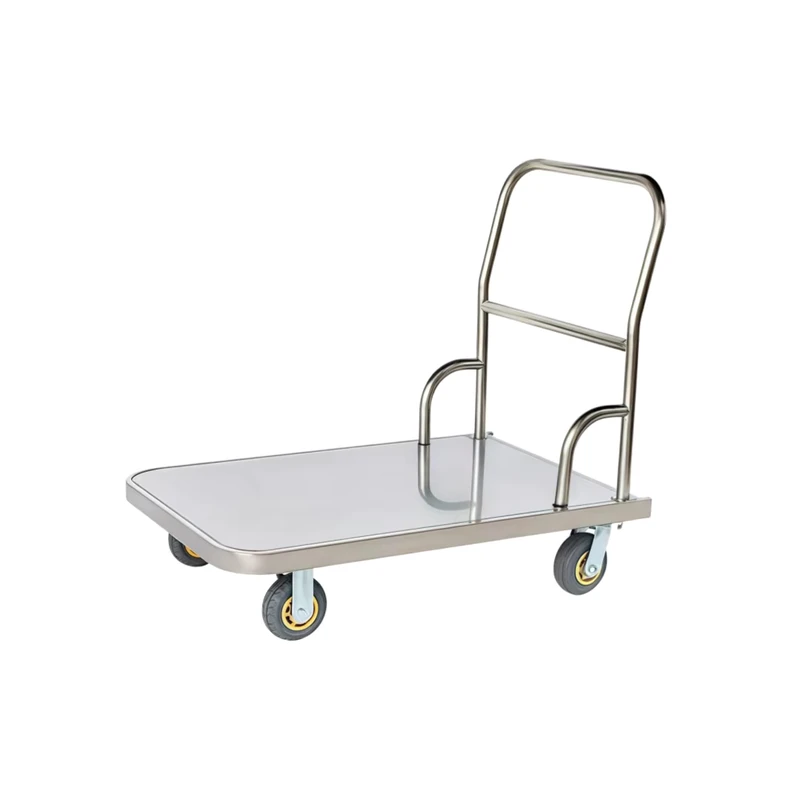 Industrial 304 Stainless Steel Flatbed Trolley Truck Hand Trolley with Silent Wheels Foldable Handrail for Shopping Storage