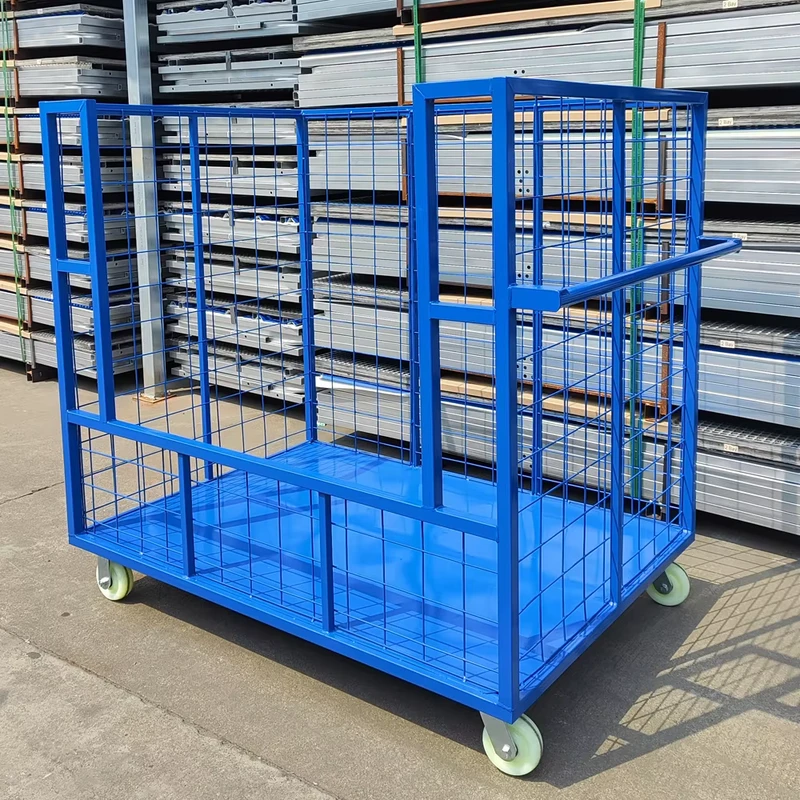 Industrial Blue Metal Mesh Trolley Cargo Cage Trolley Push Cart Heavy Duty Picking Trolley