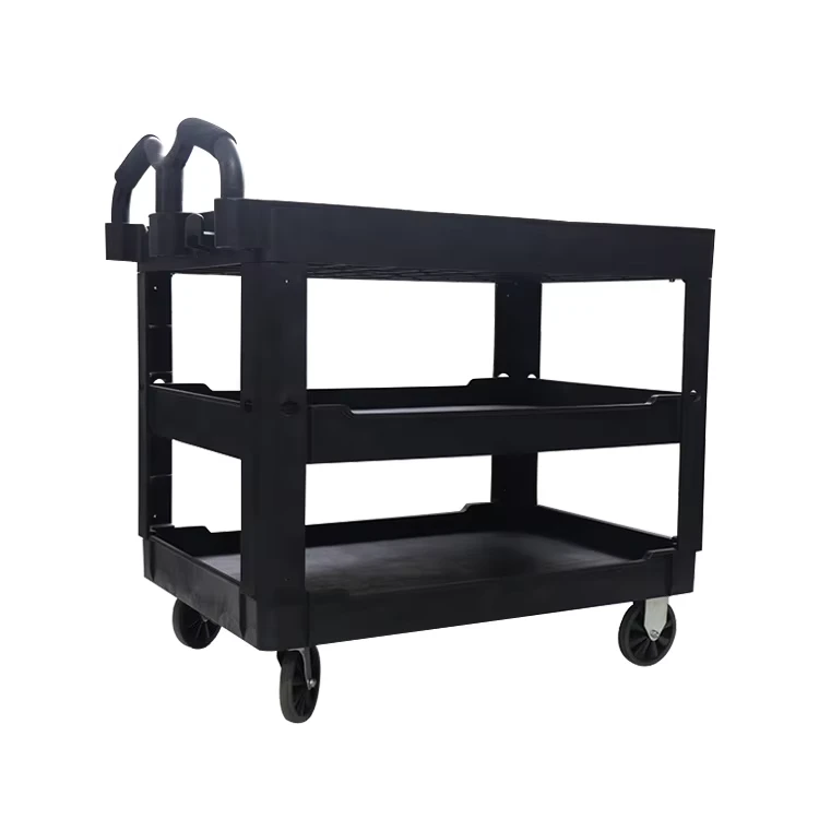 Industrial Four Wheel Platform 3 Shelf Heavy Duty Trolley Plastic Tool Storage Utility Cart Ergonomic Handle 500 lb Load