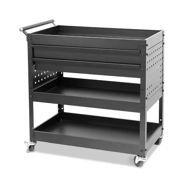Industrial Garage Storage 4 Wheel Movable Household Tool Cart Two Drawers Side Peg Board Multifunction Powder Coated Metal