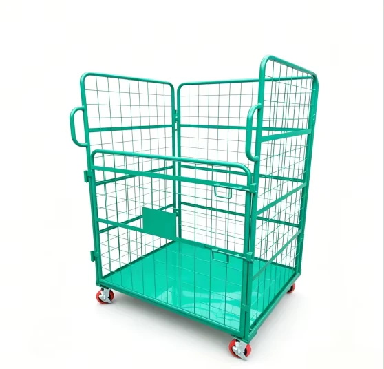 Industrial Green Mobile Storage Cage Roll Container Trolley with Solid Floor and Wheels for Warehouse Logistics