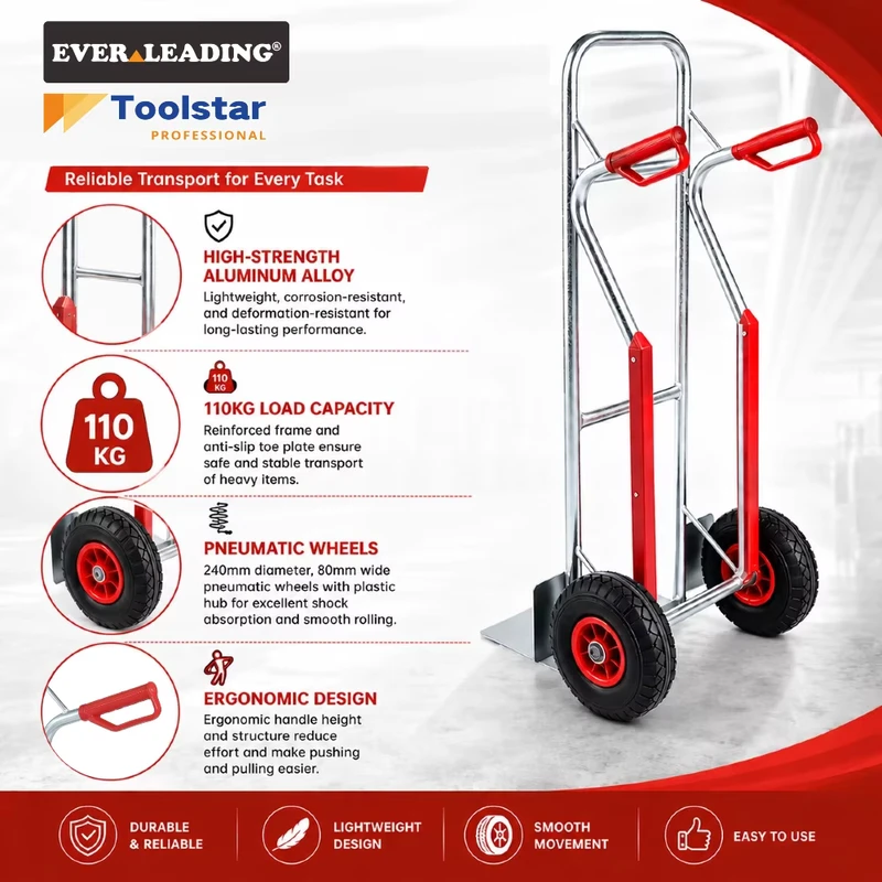 Industrial Heavy Duty Aluminium Hand Trolley 110kg 240mm Pneumatic Wheel Foldable Utility Cart OEM Customizable for Warehouse