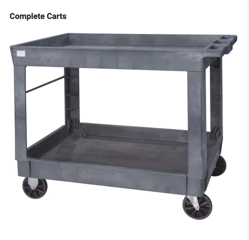 Industrial Heavy Duty Four Wheel Storage Tool Cart 2 Shelf Tray Top Mobile Plastic Service Utility Cart 550 Lbs Load