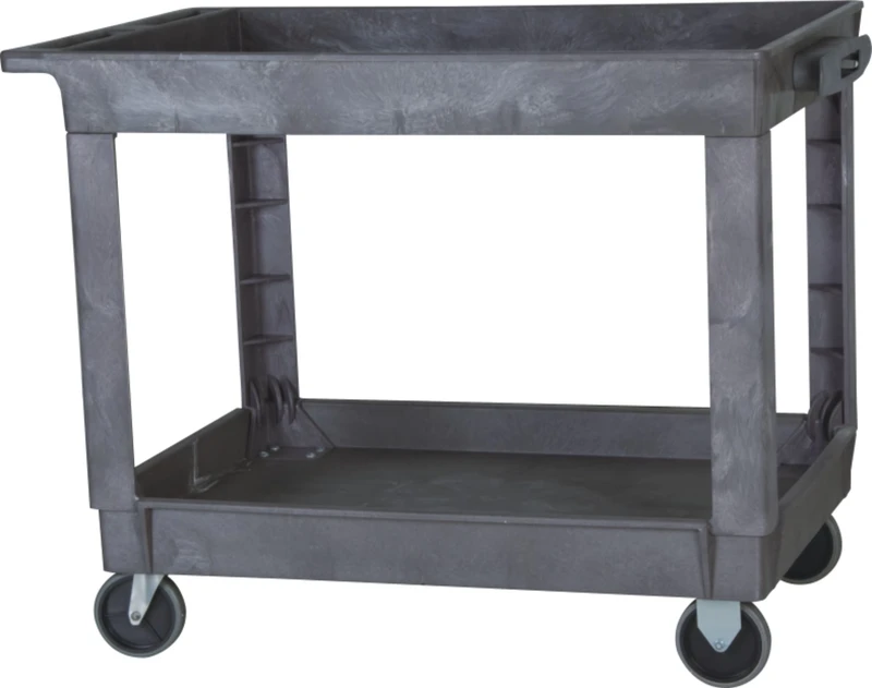 Industrial Heavy Duty Plastic Two Shelf Four Wheel Platform Tooling Service Cart Storage Trolley Handles 500 lb Load Capacity