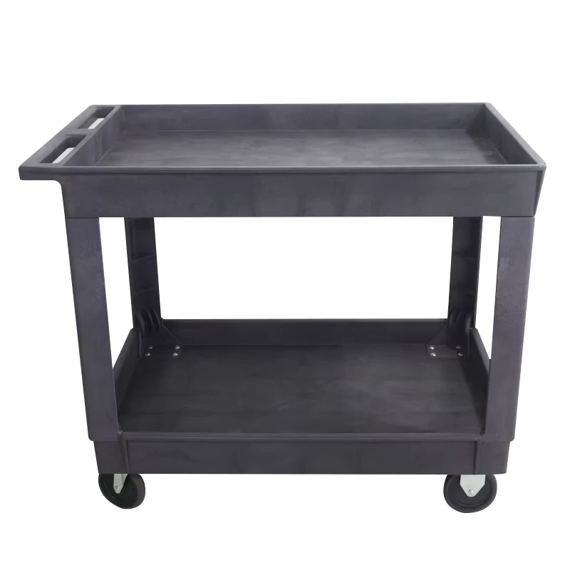 Industrial Heavy Duty Two Tier Platform Plastic Utility Cart with Four Wheel Handle 550 Lbs Load Capacity OEM
