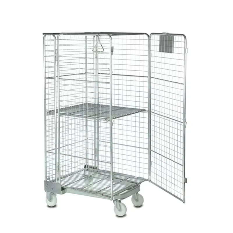 Industrial Logistic Galvanized Foldable 4 Sided Nestable Wire Roll Trolley Cage