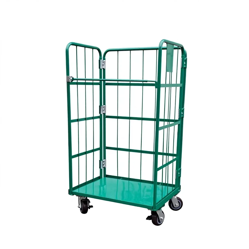 Industrial Logistics Four Wheel Green Crate Trolley Zinc Galvanized Steel Roll 100kg Load Capacity Nestable Folding Mesh