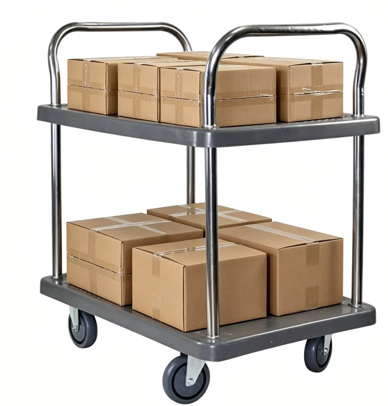 Industrial Multipurpose with Silent Effect Double Deck Fence Trolley 2 Tier Moving Platform Hand Trolley Multiple Load Options