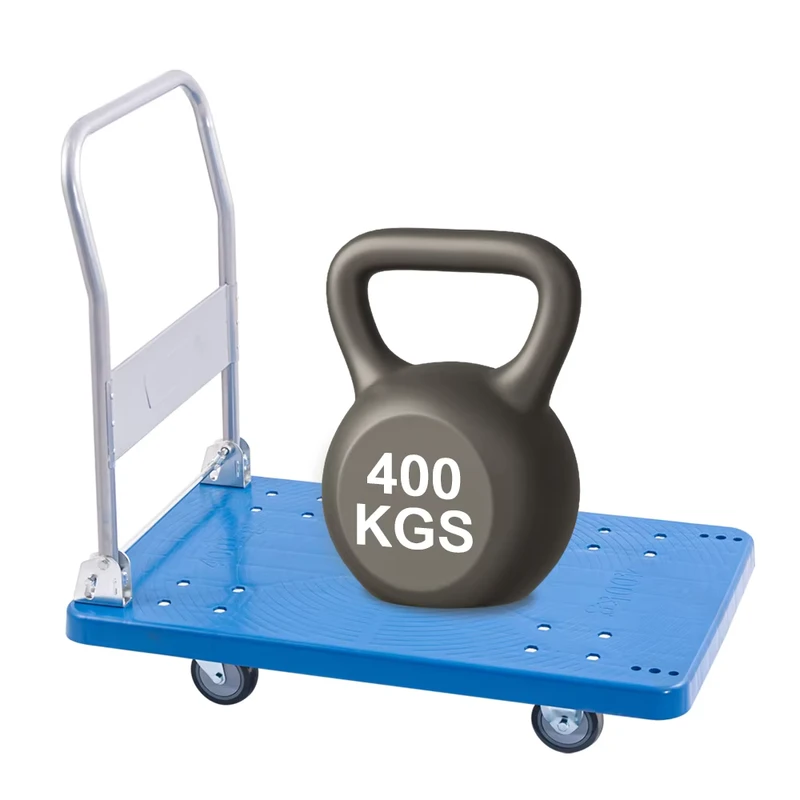 Industrial Plastic 400kgs Heavy Duty Cargo Transport Flatbed Truck Platform Cart Warehouse Foldable Hand Trolley With Wheels