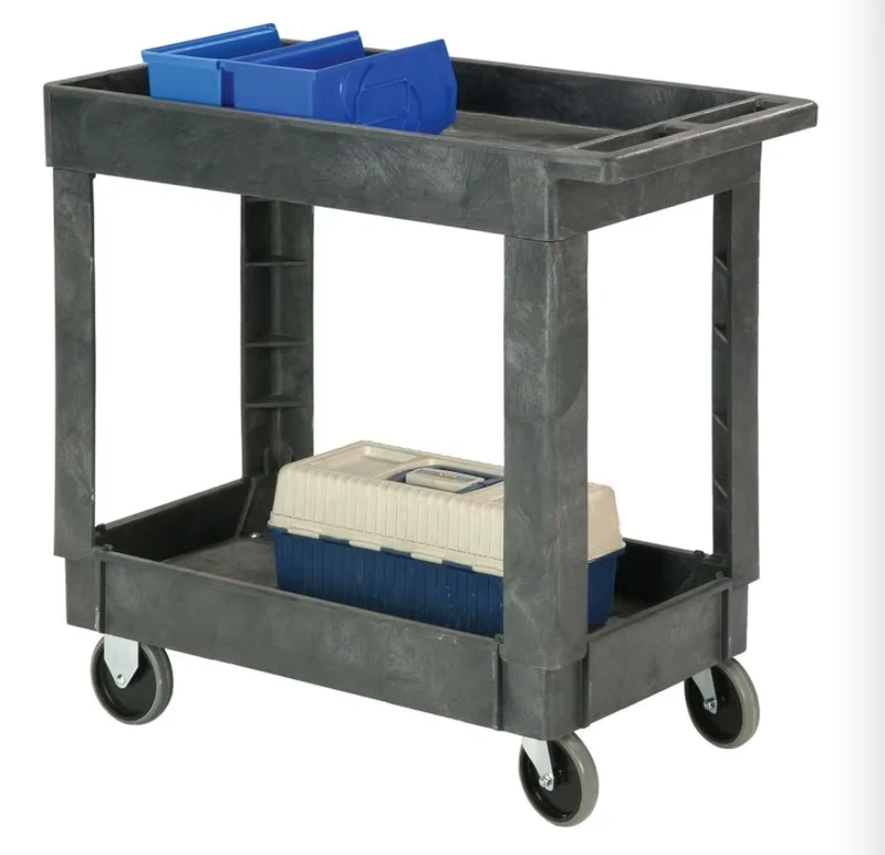 Industrial Plastic Service Utility Cart Tool Storage Moving Hand Trolley with 2 Shelves and 5″ Casters 550 lb Load Capacity