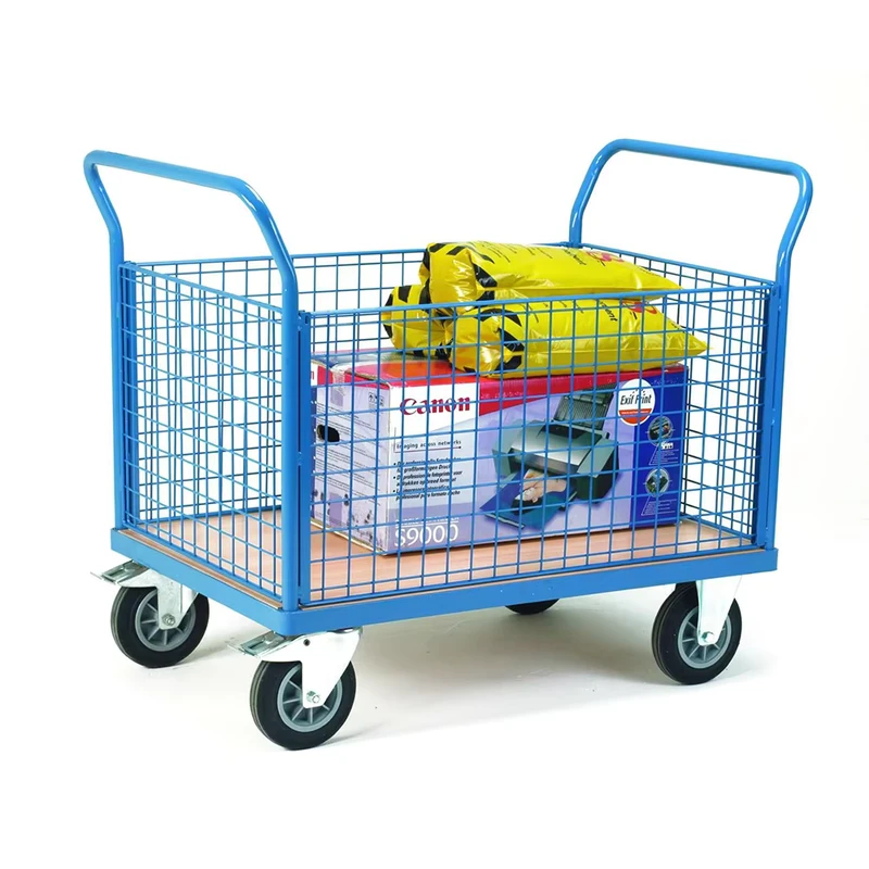 Industrial Portable Safety Goods Moving Steel Wire Mesh Sides Platform Trolley