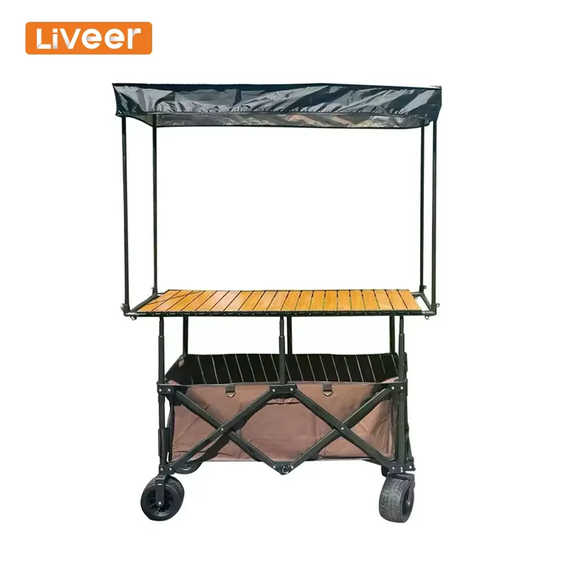 Industrial Stable Foldable Four-Wheel Food Cart Trolley Adjustable Height Table for Street Vendors Shopping OEM