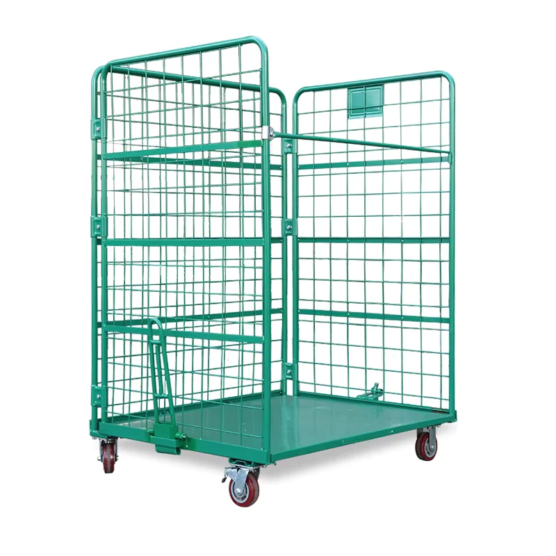 Industrial Steel Heavy Duty Mobile 3 Sides Collapsible Trolley Metal Wire Roll Cage Container