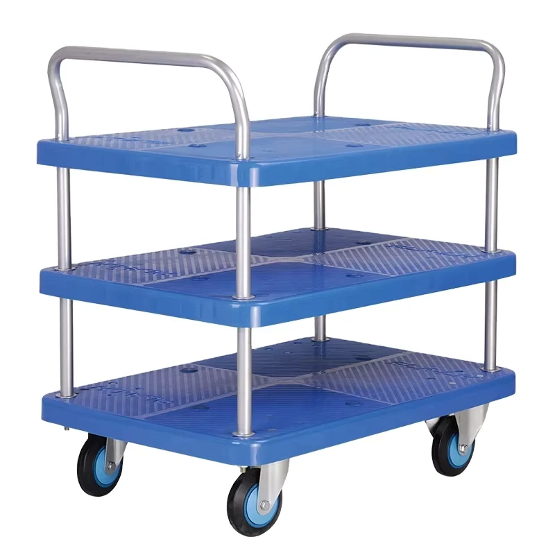 Industry Warehouse Transport Turnover Platform Hand Trolley with Full Mute Four Wheel 3 Tier Plastic OEM Shopping Trolley