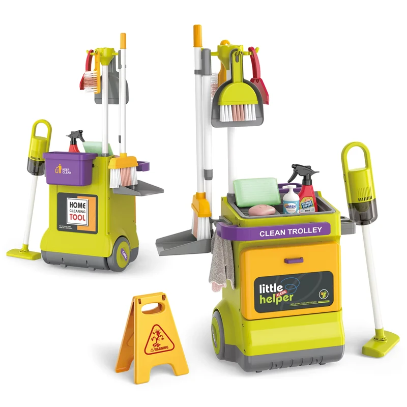 Interactive Pretend Play Preschool Housekeeping Cleaning Cart Trolley Vacuum Cleaner Colorful Broom Kids Cleaning Toys Set