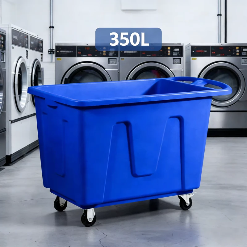 Ivory Yellow and Blue Plastic Wheeled Laundry Trolley for Housekeeping and Bathroom Cleaning