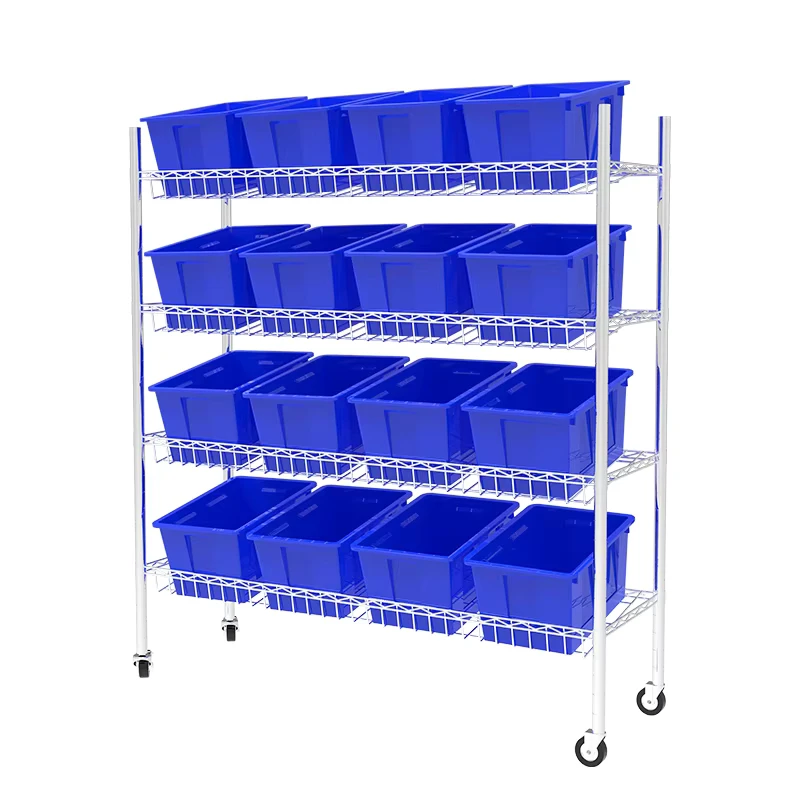 JIGONG Utility Commercial Kitchen Slanted Order Picking Shelving Cart Trolley NSF Wire Shelf Bin Organizers