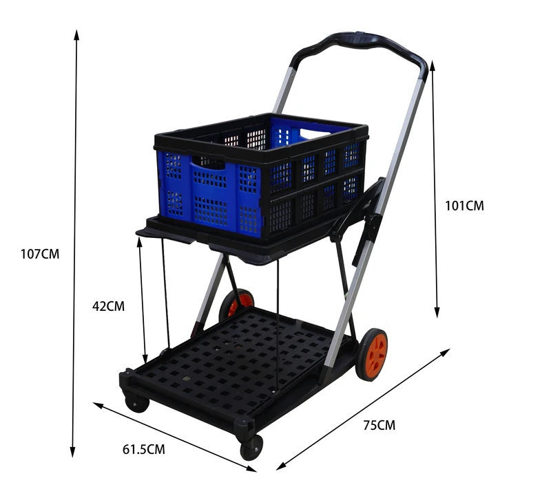 JIUYANG Double Decker Folding Cart Trolley Light Duty Cargo Transport Cart With Storage Crate
