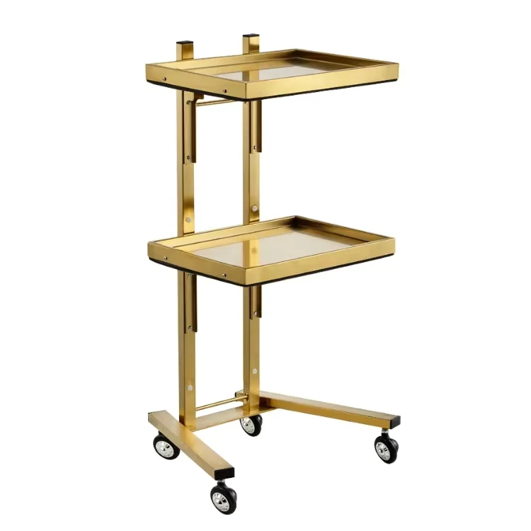 JIYOU Portable Gold Folding Trolley Beauty Salon Stainless Steel 2 Tray 4 Universal Wheels Rolling