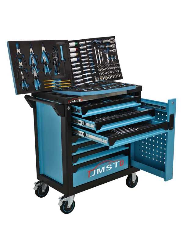 JMST 7 Drawers Rolling Tool Cart Heavy Duty Steel Tool Trolley with 258PCS Tool Set Garage Workshop OEM Supplier