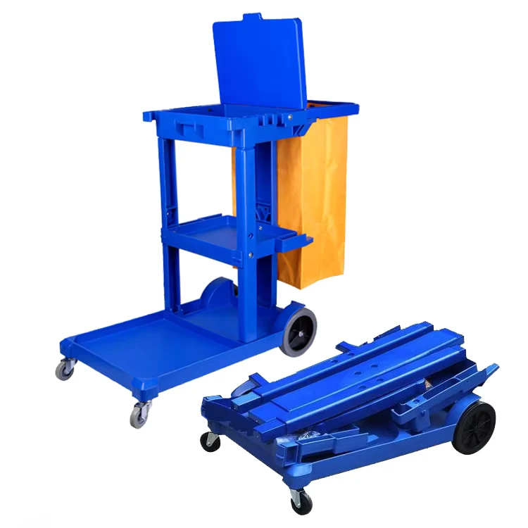Janitorial Supply Service Multifunction Plastic Housekeeping Serving Folding Cleaning Trolley Cart Equipment for Hotel
