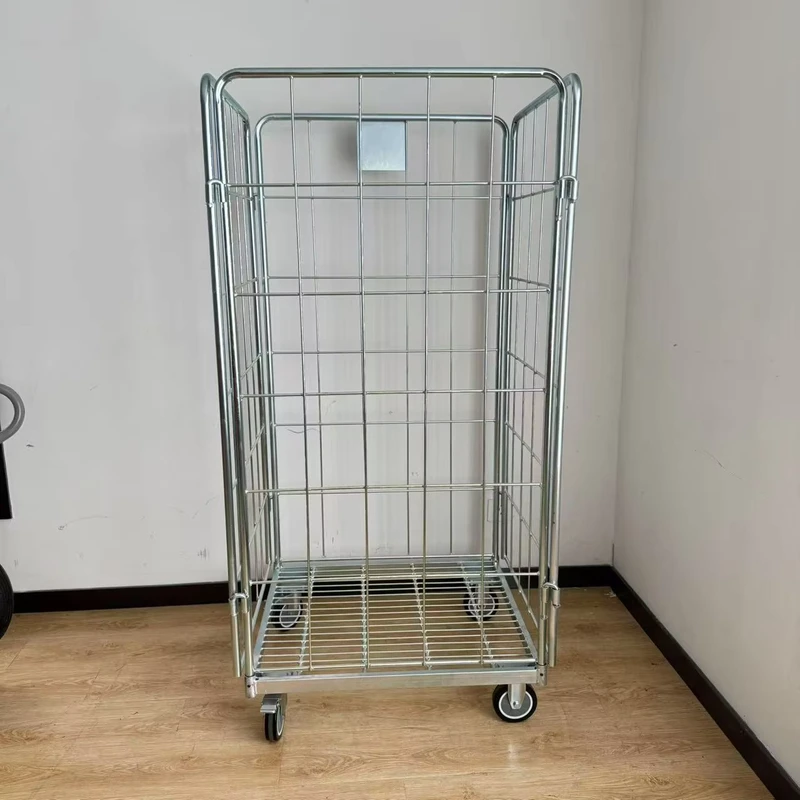 Japanese Style Heavy Duty Hot Dip Galvanized Steel Roll Container Trolley Foldable Stackable 500kg Capacity 2 Layer Swivel Brake