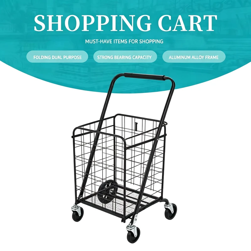 Jielai Folding Shopping Cart with Wheels and Double Basket for Groceries Laundry 4wheels Large Capacity Trolley Carts