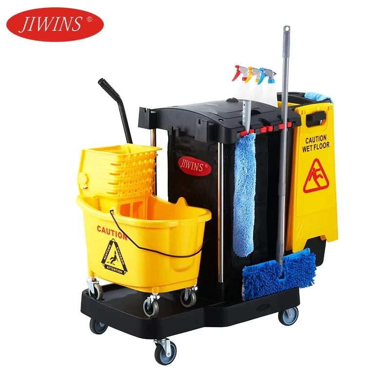 Jiwins High Quality Black PP Plastic 4-Wheel Hotel Housekeeping Cleaning Trolley Cart