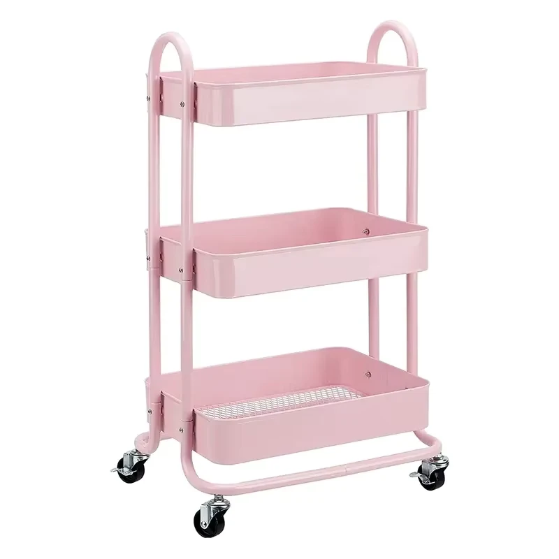 KSR085 Factory Supply 3 Tier Plastic Multifunction Folding Utility Cart Mobile Trolley Home Storage Rolling Cart Handle Kitchen