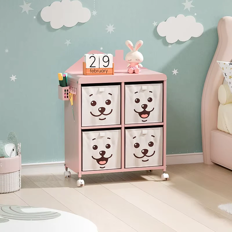 Kids Rolling Toy Storage Cabinet Pink Puppy Face Bins Cozy Nursery Rack Children Toy Storage Rack