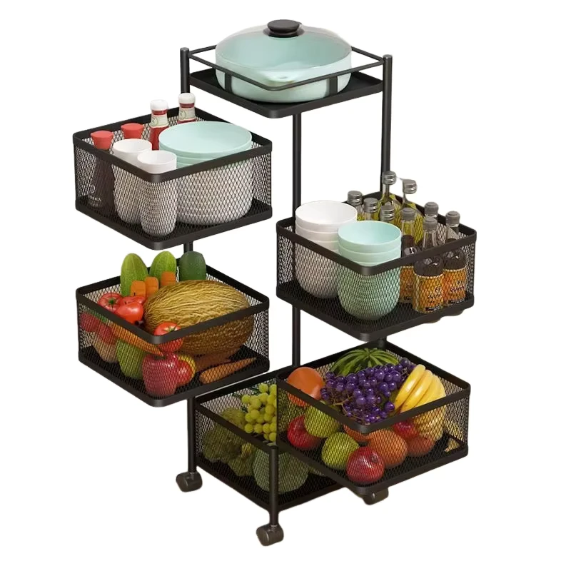 Kitchen 5 Layer Rotatable Storage Baskets Metal Wheel Trolley Eco friendly Waterproof Durable for Food Tools and Bathroom