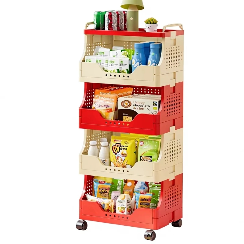 Kitchen Color Folding Storage Rack Small Trolley Floor Household Movable Multi layer Shelf PP Material Fruit Vegetable Storage