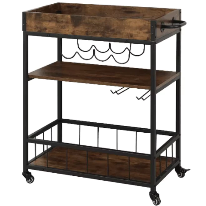 Kitchen Furniture Food Service Cart Metal Frame Wooden Trolley with Wine Rack and Wheels