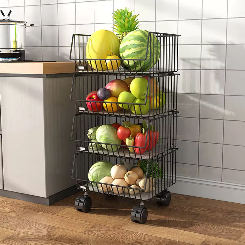 Kitchen Household Carbon Steel Floor Standing Foldable Space Saving Multi Layer Storage Cart Minimalist Modern Square
