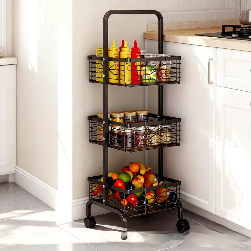 Kitchen Modern 3 Tier Iron Storage Rack Mobile Square Snack Toy Multi Layer Corner Floor Household Fruit Vegetable Trolley