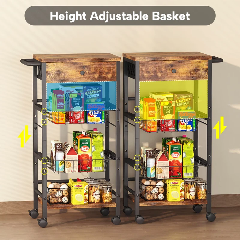Kitchen Organizer Storage Cart with Fabric Drawer and Convenient Handle Snack Organizer Cart Rolling Kitchen Cart Utility Cart