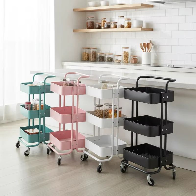 Kitchen Restaurant Household Utility Salon Trolley 3 Tier Basket Storage Cart with Wheels Multi Purpose for Kitchen Beauty Salon