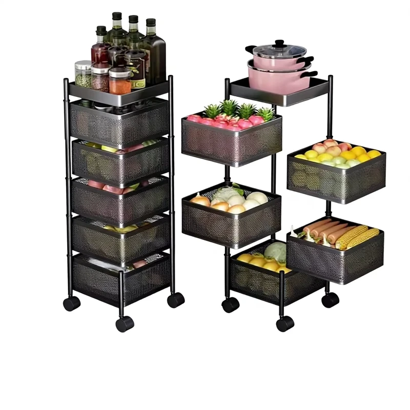 Kitchen Rotating Multi function Carbon Steel Storage Rack Household Floor standing Multi layer Snacks Trolley Fruit Vegetable