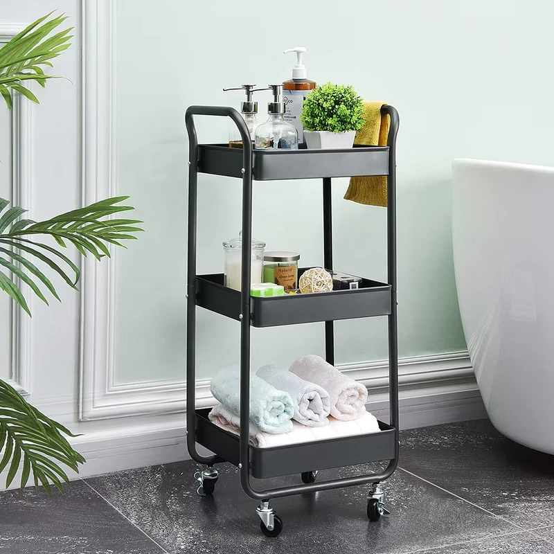Kitchen Three Tier Utility Rolling Cart Trolley Storage Rack Storage Holder Trolley Cart for Office Bedroom Bathroom