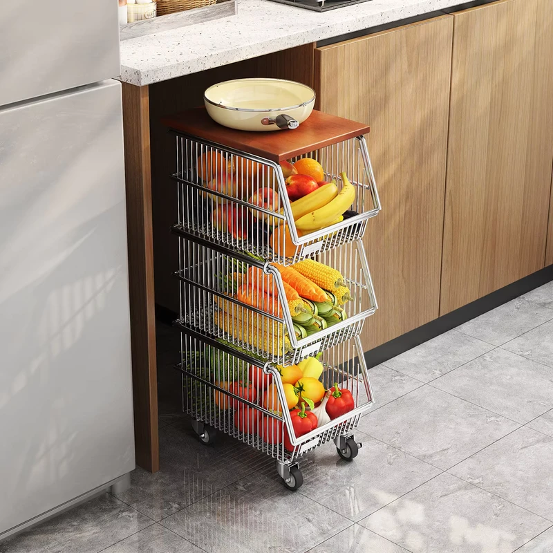 Kitchen Under Counter Stainless Steel Fruit and Vegetable Storage Rack Cabinet Mobile Small Trolley Narrow Style Storage Basket