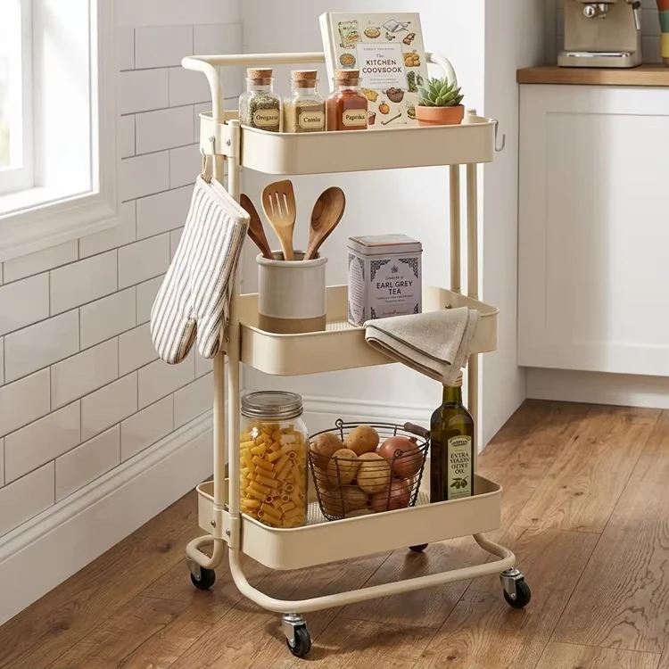 Kitchen Utility Service Storage Organize Black Metal 3 Tier Rolling Cart With Hanging Cups Modern Style Kitchen